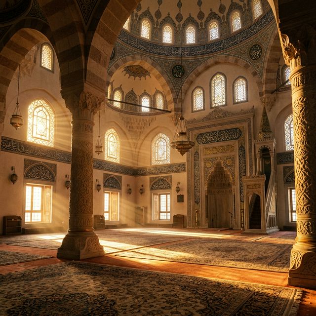 Interno di una suggestiva ed accogliente moschea illuminata dalla luce solare