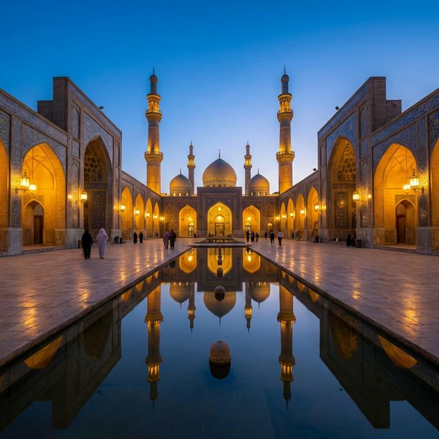 Cortile di una moschea serena al crepuscolo che trasmette ordine e pace strutturale