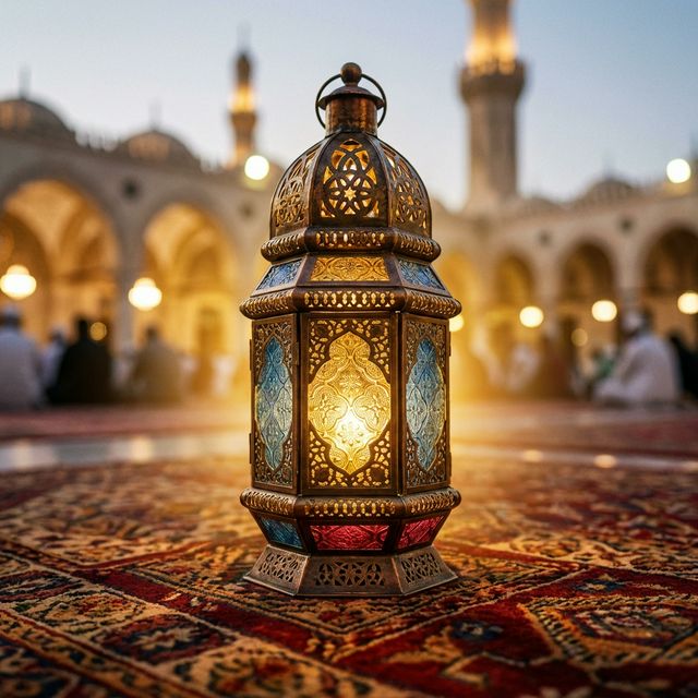 Immagine ravvicinata e calda di una lanterna islamica, a simbolo di speranza e guida comunitaria