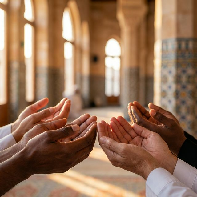 Mani in preghiera e supporto comunitario in una moschea